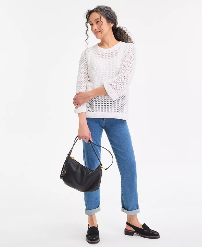 Style & Co Women's Cotton Open-Knit 3/4-Sleeve Sweater Exclusively At Macy's Women's Fashion Shoes & Accessories