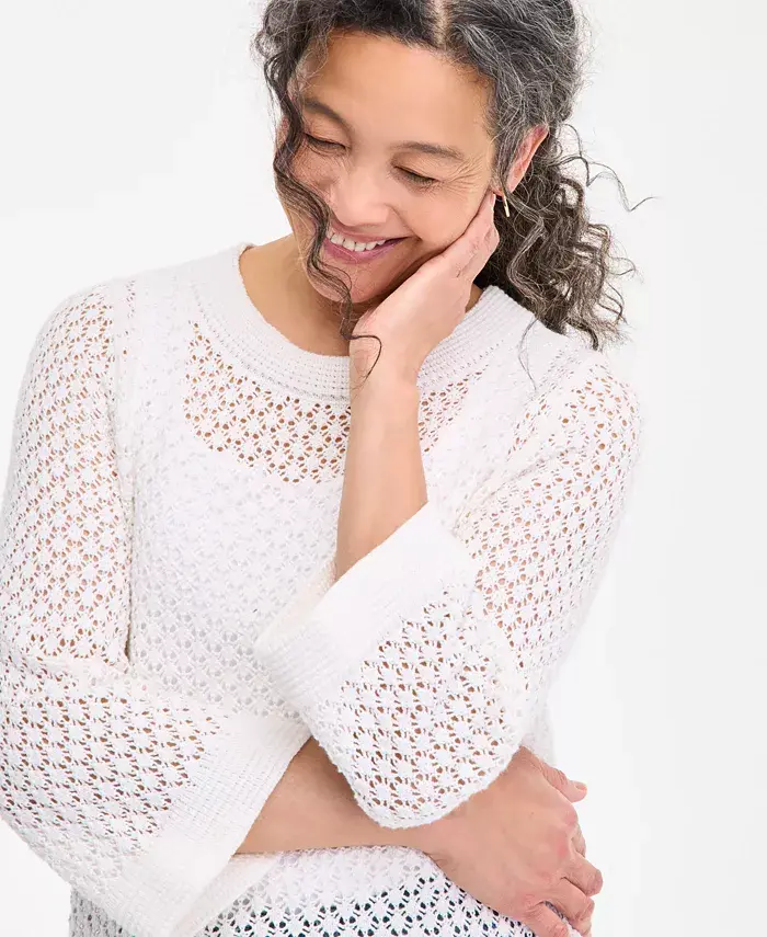 Style & Co Women's Cotton Open-Knit 3/4-Sleeve Sweater Exclusively At Macy's Women's Fashion Shoes & Accessories