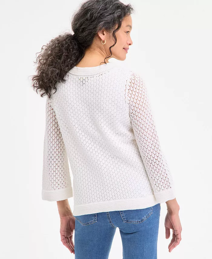 Style & Co Women's Cotton Open-Knit 3/4-Sleeve Sweater Exclusively At Macy's Women's Fashion Shoes & Accessories