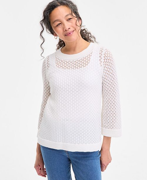Style & Co Women's Cotton Open-Knit 3/4-Sleeve Sweater Exclusively at Macy's Women's Fashion Shoes & Accessories