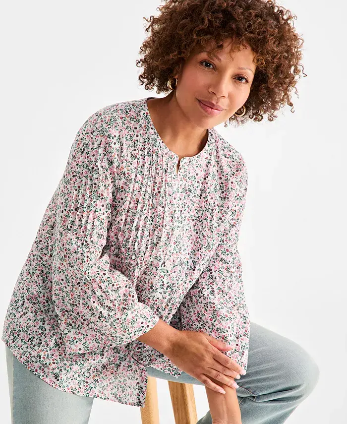 Style & Co Women's Cotton Printed 3/4-Sleeve Blouse Exclusively At Macy's Women's Fashion Shoes & Accessories