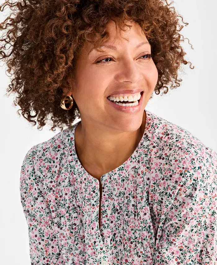 Style & Co Women's Cotton Printed 3/4-Sleeve Blouse Exclusively At Macy's Women's Fashion Shoes & Accessories