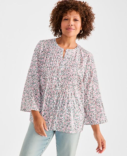Style & Co Women's Cotton Printed 3/4-Sleeve Blouse Exclusively at Macy's Women's Fashion Shoes & Accessories