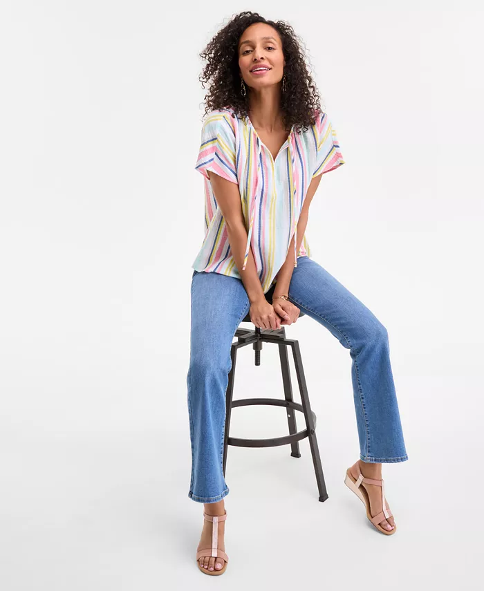 Style & Co Women's Cotton Striped Tie-Neck Dolman-Sleeve Top Exclusively At Macy's Women's Fashion Shoes & Accessories