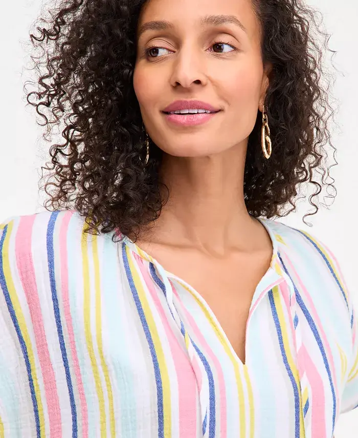 Style & Co Women's Cotton Striped Tie-Neck Dolman-Sleeve Top Exclusively At Macy's Women's Fashion Shoes & Accessories