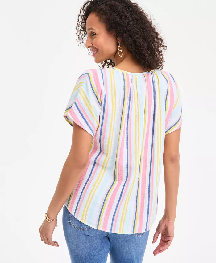 Style & Co Women's Cotton Striped Tie-Neck Dolman-Sleeve Top Exclusively At Macy's Women's Fashion Shoes & Accessories
