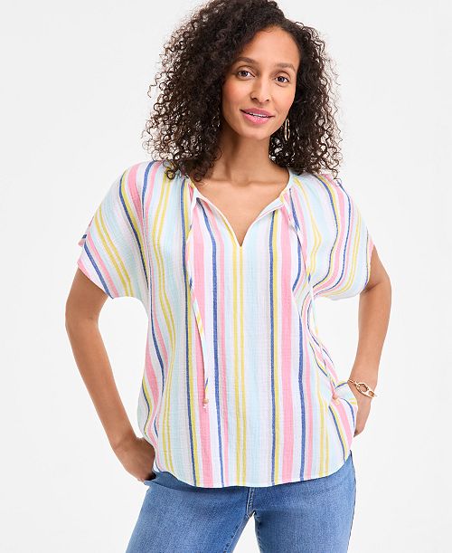 Style & Co Women's Cotton Striped Tie-Neck Dolman-Sleeve Top Exclusively at Macy's Women's Fashion Shoes & Accessories
