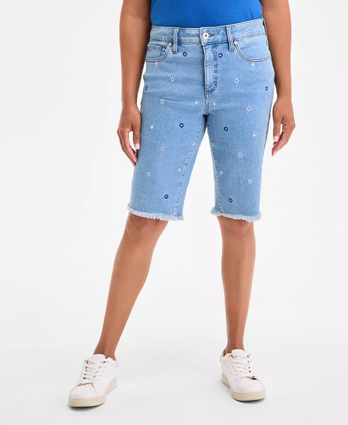 Style & Co Women's Embroidered Mid-Rise Denim Bermuda Shorts Exclusively At Macy's Women's Fashion Shoes & Accessories