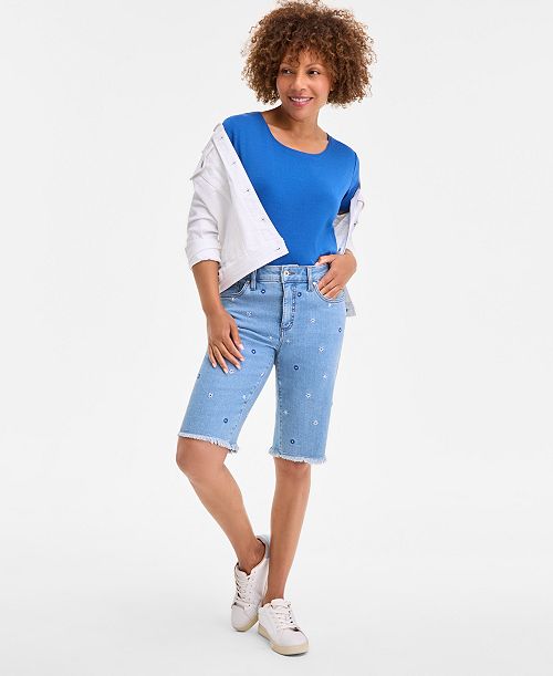 Style & Co Women's Embroidered Mid-Rise Denim Bermuda Shorts Exclusively At Macy's Women's Fashion Shoes & Accessories