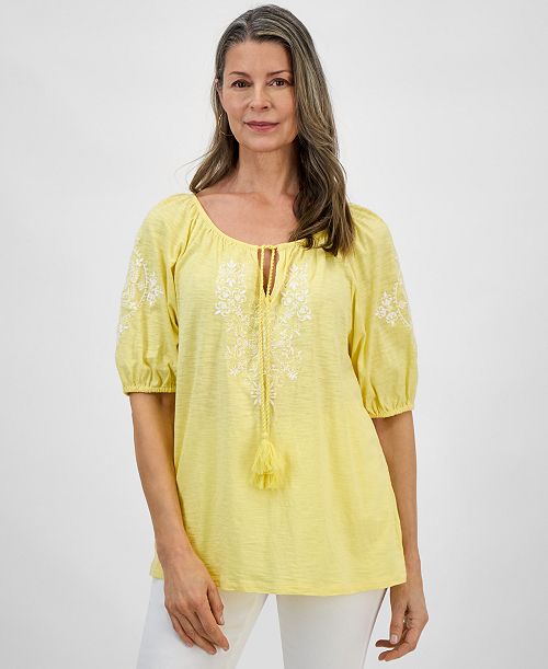 Style & Co Women's Embroidered Split-Neck Tasseled-Tie Top Regular & Petite Exclusively at Macy's Women's Fashion Shoes & Accessories