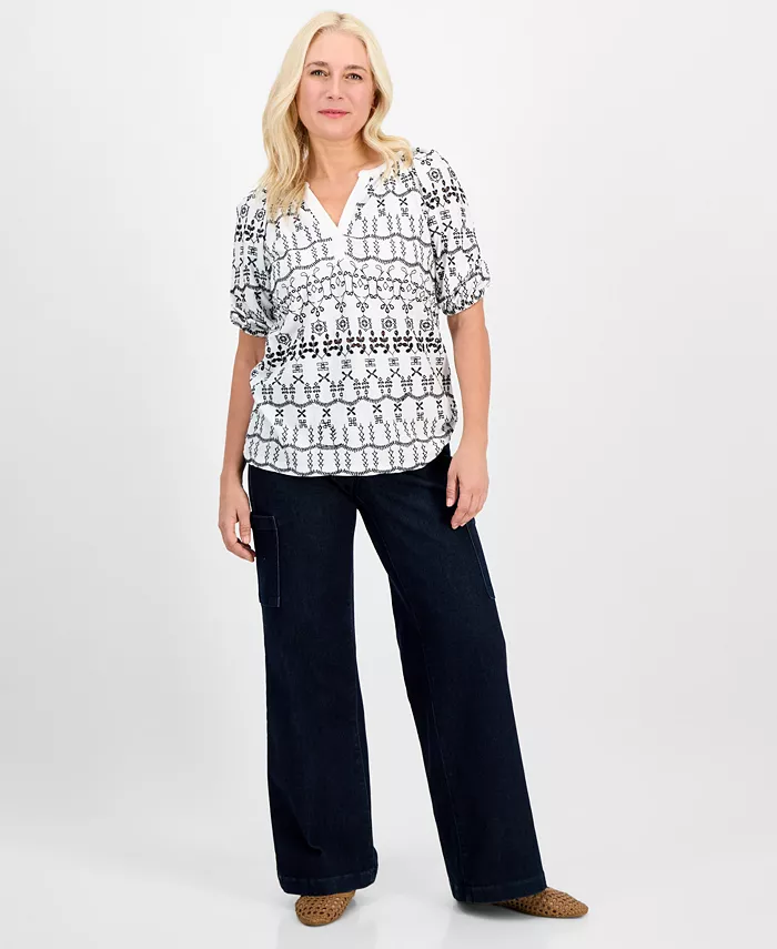 Style & Co Women's Eyelet Split-Neck Blouse Exclusively At Macy's Women's Fashion Shoes & Accessories