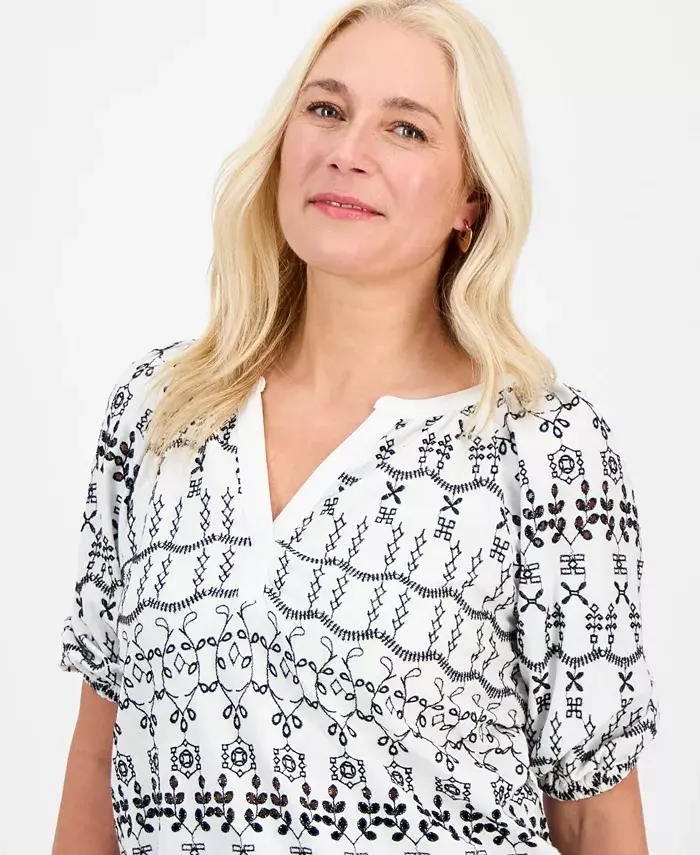 Style & Co Women's Eyelet Split-Neck Blouse Exclusively At Macy's Women's Fashion Shoes & Accessories
