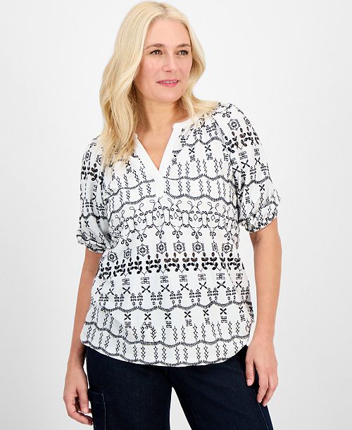 Style & Co Women's Eyelet Split-Neck Blouse Exclusively at Macy's Women's Fashion Shoes & Accessories