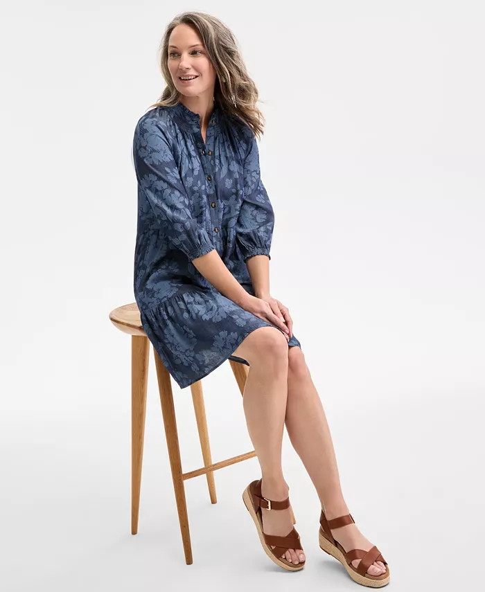 Style & Co Women's Floral Chambray 3/4-Sleeve Tiered Dress Exclusively At Macy's Women's Fashion Shoes & Accessories