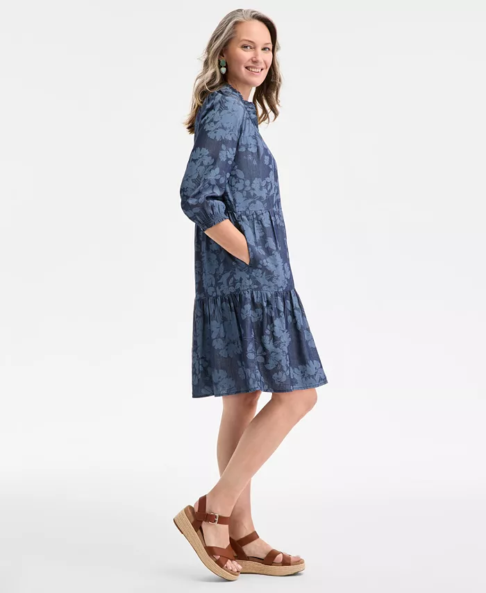 Style & Co Women's Floral Chambray 3/4-Sleeve Tiered Dress Exclusively At Macy's Women's Fashion Shoes & Accessories