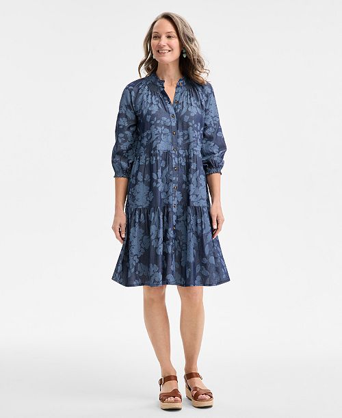 Style & Co Women's Floral Chambray 3/4-Sleeve Tiered Dress Exclusively at Macy's Women's Fashion Shoes & Accessories