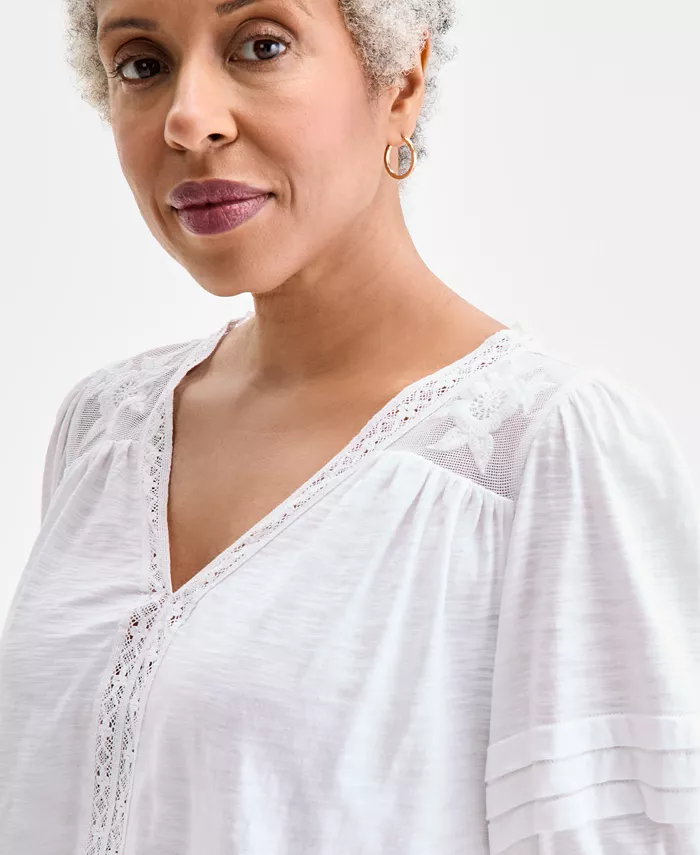Style & Co Women's Lace-Trim V-Neck Top Exclusively At Macy's Women's Fashion Shoes & Accessories