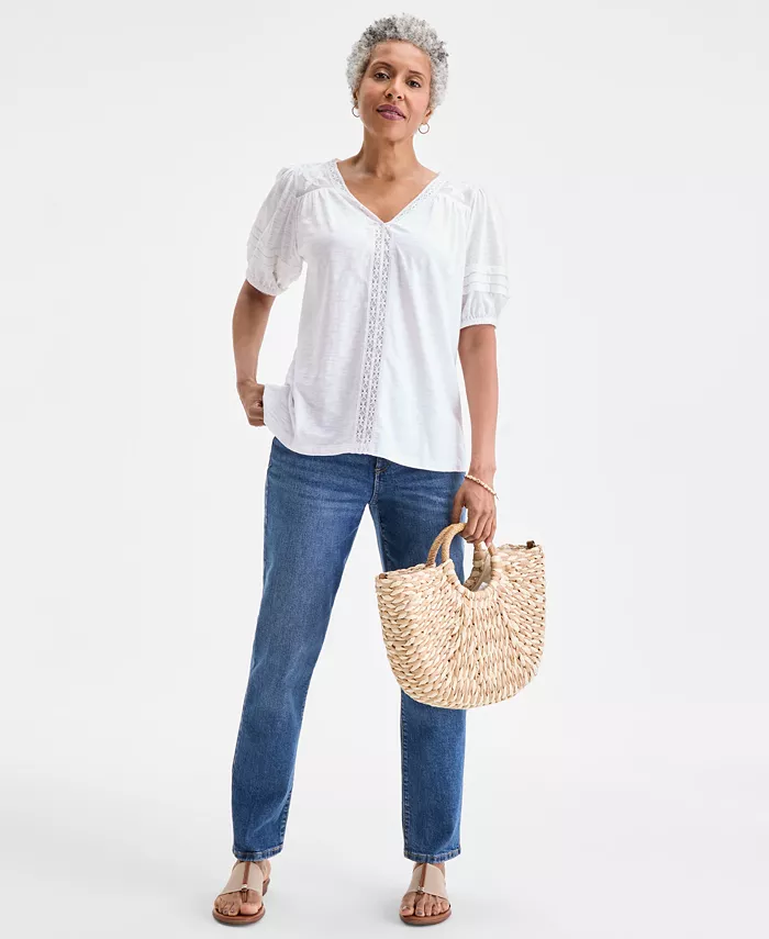 Style & Co Women's Lace-Trim V-Neck Top Exclusively At Macy's Women's Fashion Shoes & Accessories
