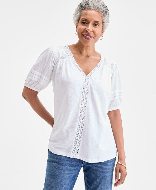 Style & Co Women's Lace-Trim V-Neck Top Exclusively at Macy's Women's Fashion Shoes & Accessories