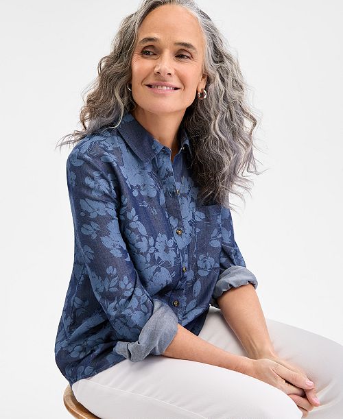 Style & Co Women's Printed Chambray Perfect Shirt Exclusively at Macy's Women's Fashion Shoes & Accessories