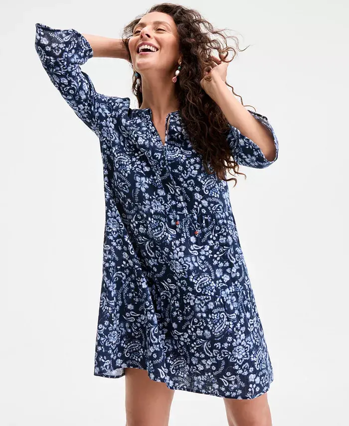 Style & Co Women's Printed Cotton Gauze 3/4-Sleeve Tiered Dress Exclusively At Macy's Women's Fashion Shoes & Accessories
