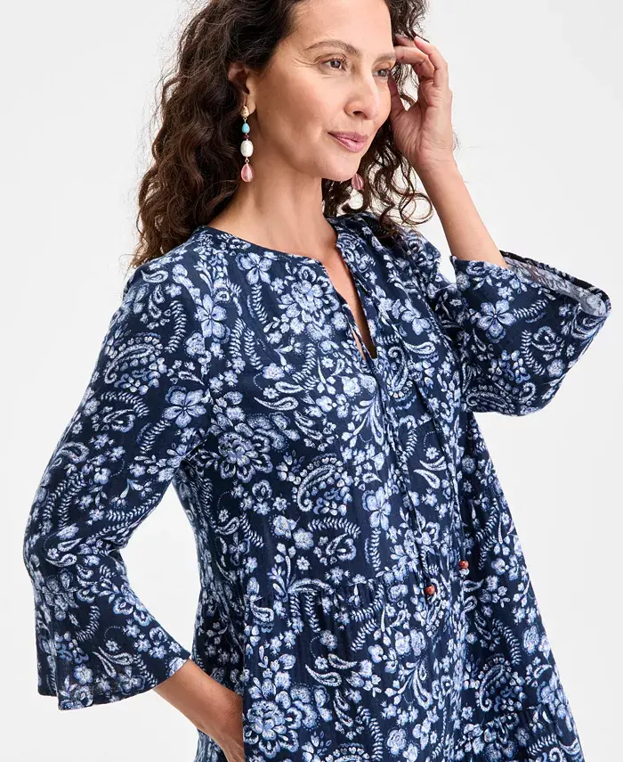 Style & Co Women's Printed Cotton Gauze 3/4-Sleeve Tiered Dress Exclusively At Macy's Women's Fashion Shoes & Accessories