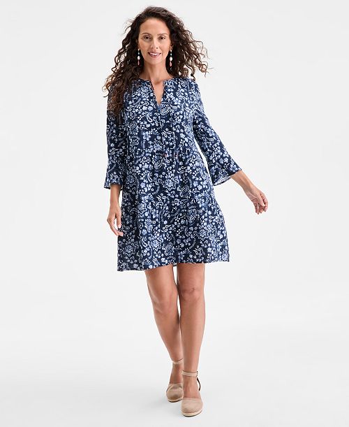 Style & Co Women's Printed Cotton Gauze 3/4-Sleeve Tiered Dress Exclusively at Macy's Women's Fashion Shoes & Accessories
