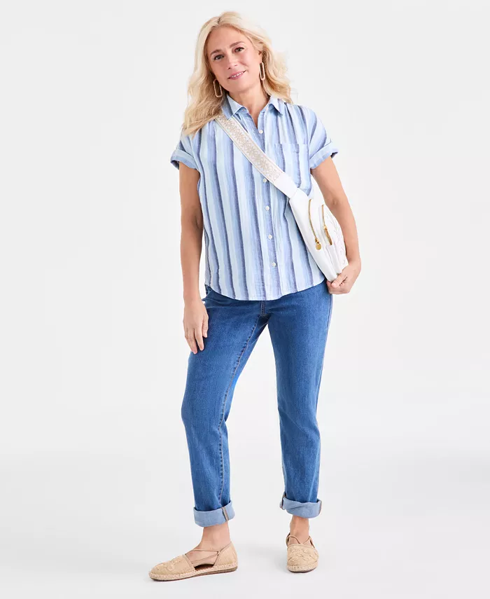 Style & Co Women's Printed Cotton Gauze Camp Shirt Exclusively At Macy's Women's Fashion Shoes & Accessories