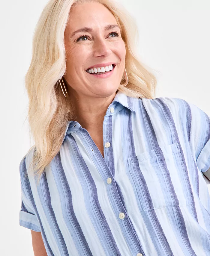 Style & Co Women's Printed Cotton Gauze Camp Shirt Exclusively At Macy's Women's Fashion Shoes & Accessories