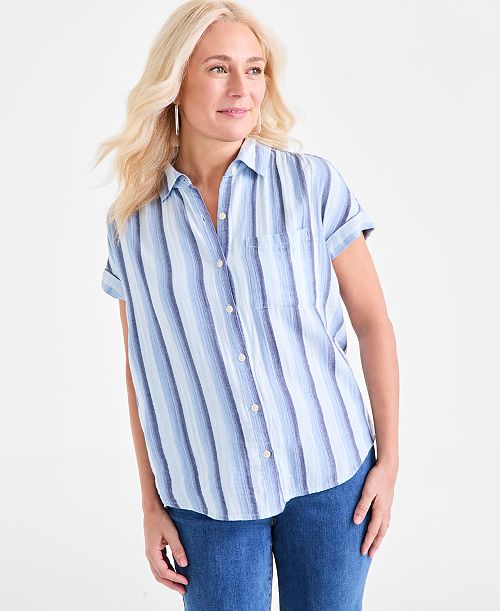 Style & Co Women's Printed Cotton Gauze Camp Shirt Exclusively At Macy's Women's Fashion Shoes & Accessories