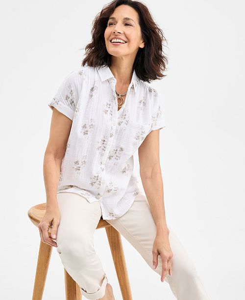 Style & Co Women's Printed Cotton Gauze Camp Shirt Exclusively at Macy's Women's Fashion Shoes & Accessories