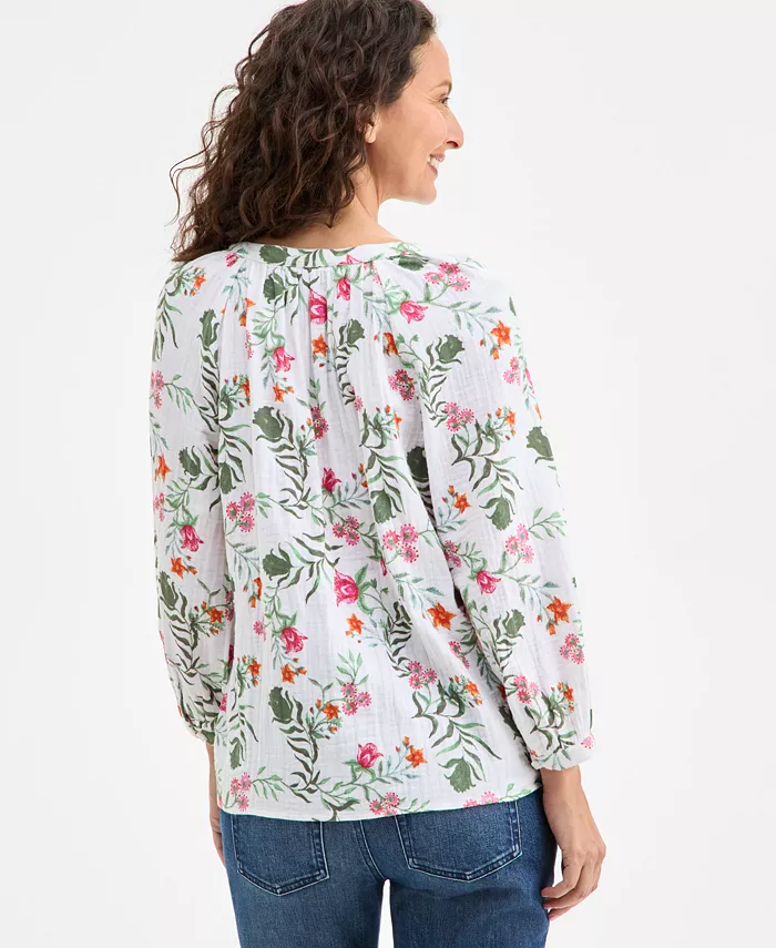 Style & Co Women's Printed Cotton Gauze Split-Neck Blouse Exclusively At Macy's Women's Fashion Shoes & Accessories