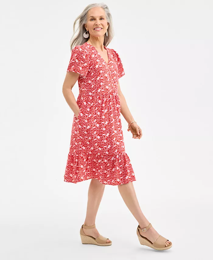 Style & Co Women's Printed Cotton Gauze V-Neck Midi Dress Exclusively At Macy's Women's Fashion Shoes & Accessories