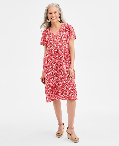 Style & Co Women's Printed Cotton Gauze V-Neck Midi Dress Exclusively at Macy's Women's Fashion Shoes & Accessories