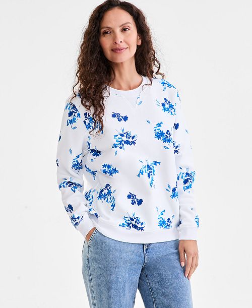 Style & Co Women's Printed Crewneck Fleece Pullover Exclusively at Macy's Women's Fashion Shoes & Accessories