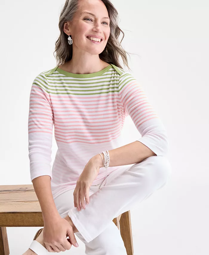 Style & Co Women's Printed Pima Cotton 3/4-Sleeve Top Exclusively At Macy's Women's Fashion Shoes & Accessories
