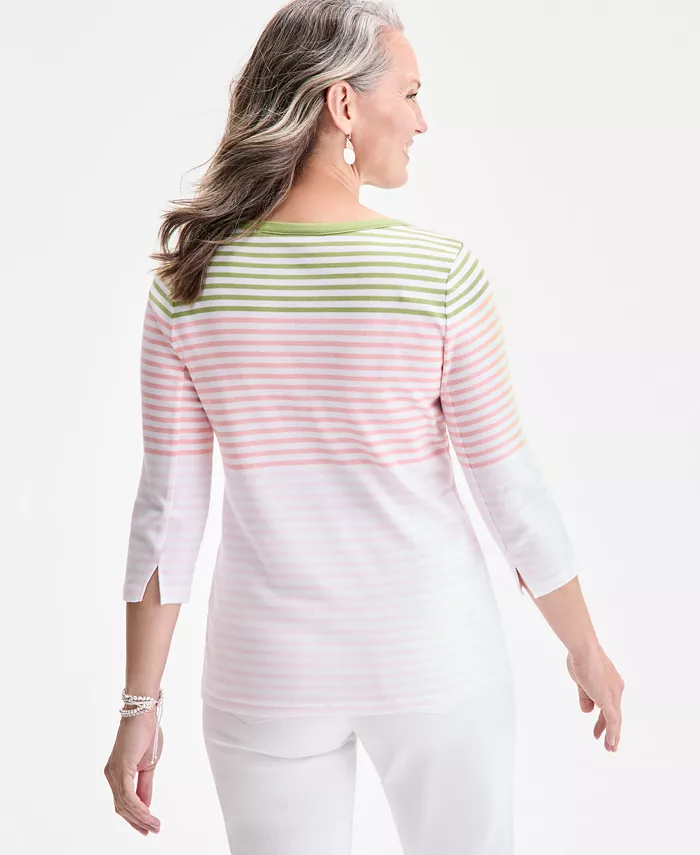 Style & Co Women's Printed Pima Cotton 3/4-Sleeve Top Exclusively At Macy's Women's Fashion Shoes & Accessories