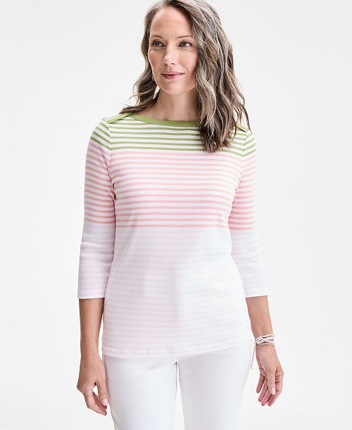 Style & Co Women's Printed Pima Cotton 3/4-Sleeve Top Exclusively at Macy's Women's Fashion Shoes & Accessories
