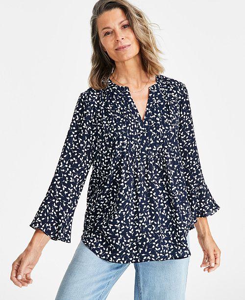 Style & Co Women's Printed Pintuck Ruffle Sleeve Top Regular & Petite Created for Macy's Women's Fashion Shoes & Accessories