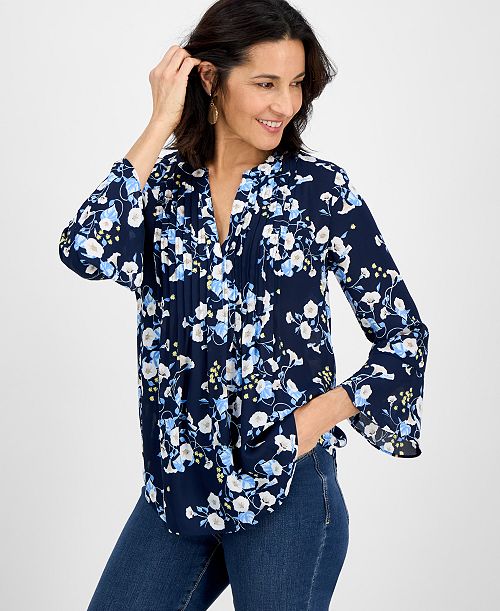 Style & Co Women's Printed Pintuck Ruffle Sleeve Top Exclusively at Macy's Women's Fashion Shoes & Accessories