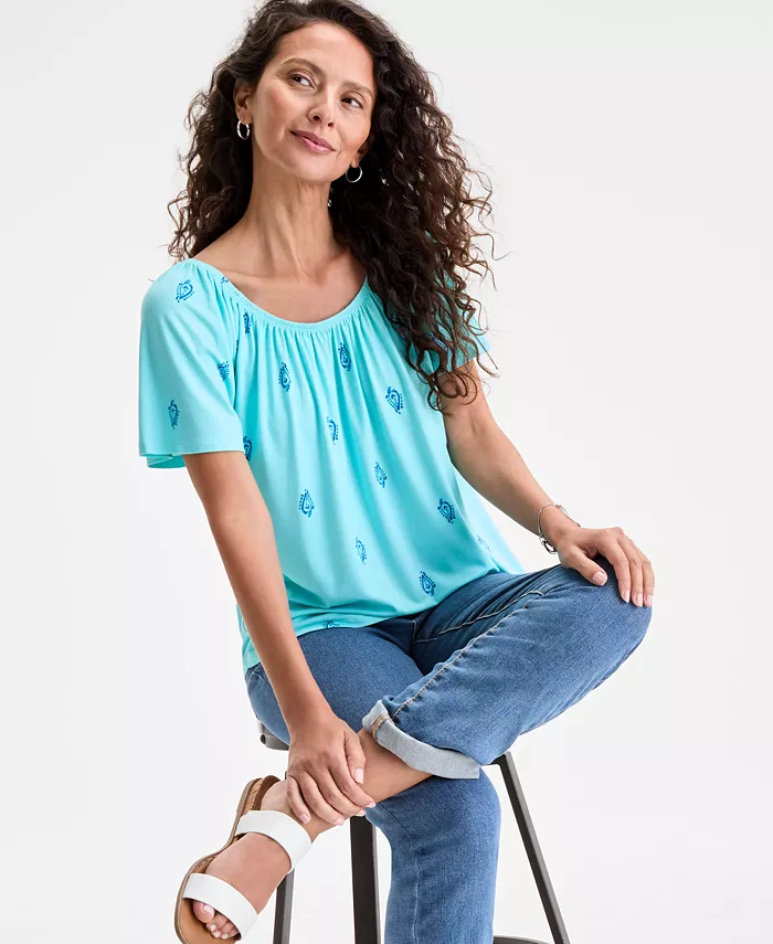 Style & Co Women's Printed Shirred Scoop-Neck Top Exclusively At Macy's Women's Fashion Shoes & Accessories