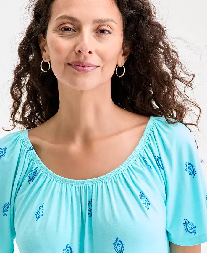 Style & Co Women's Printed Shirred Scoop-Neck Top Exclusively At Macy's Women's Fashion Shoes & Accessories