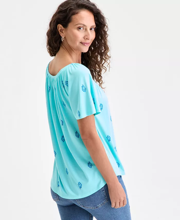 Style & Co Women's Printed Shirred Scoop-Neck Top Exclusively At Macy's Women's Fashion Shoes & Accessories