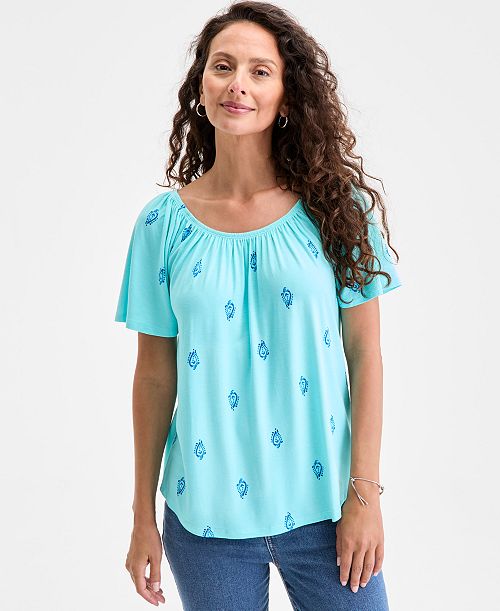 Style & Co Women's Printed Shirred Scoop-Neck Top Exclusively At Macy's Women's Fashion Shoes & Accessories