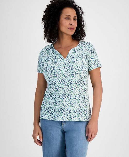 Style & Co Women's Printed Short-Sleeve Henley T-Shirt Exclusively At Macy's Women's Fashion Shoes & Accessories