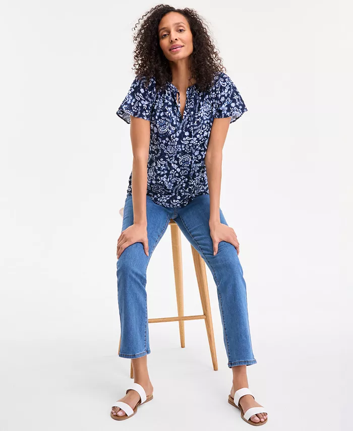 Style & Co Women's Seersucker Split-Neck Flutter Sleeve Top Created For Macy's Women's Fashion Shoes & Accessories