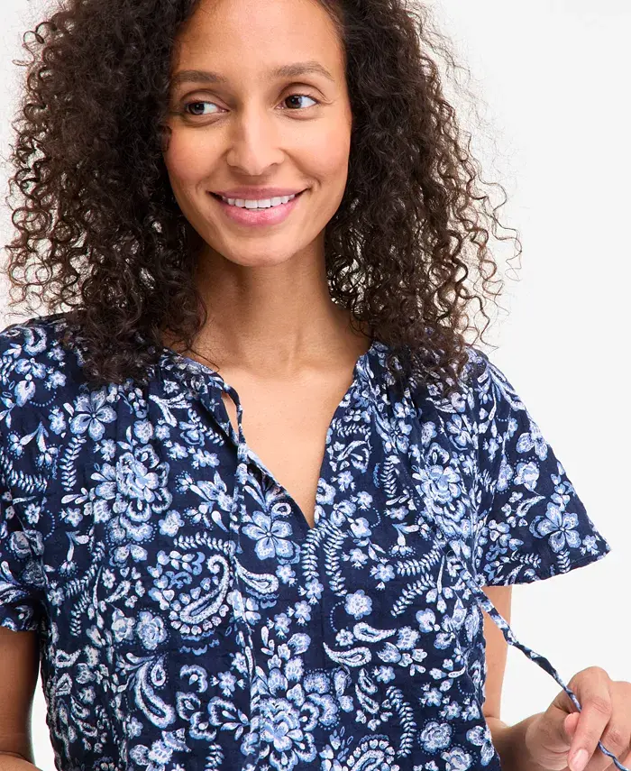 Style & Co Women's Seersucker Split-Neck Flutter Sleeve Top Created For Macy's Women's Fashion Shoes & Accessories