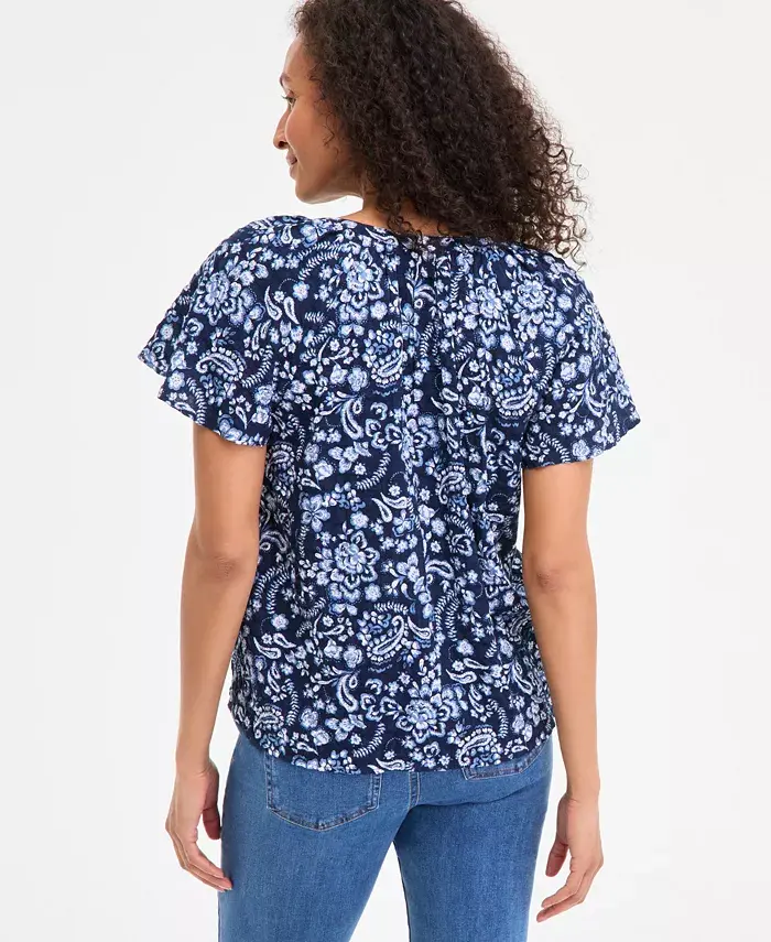 Style & Co Women's Seersucker Split-Neck Flutter Sleeve Top Created For Macy's Women's Fashion Shoes & Accessories