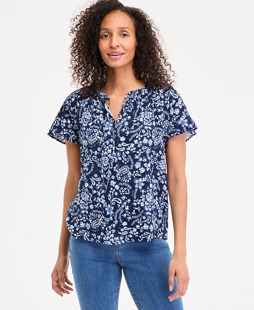 Style & Co Women's Seersucker Split-Neck Flutter Sleeve Top Created for Macy's Women's Fashion Shoes & Accessories