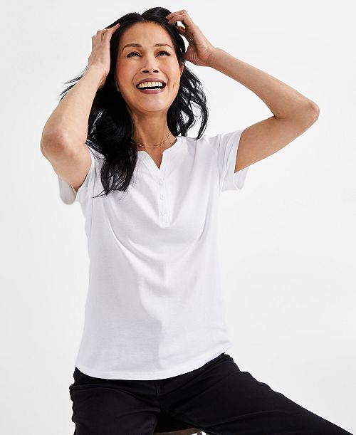Style & Co Women's Short-Sleeve Cotton Henley Top Exclusively at Macy's Women's Fashion Shoes & Accessories